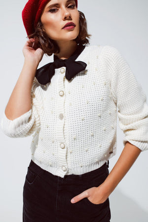 Q2 Women's Sweater White Waffle Knit Cardigan With Embellished Pearls And Jewelled Buttons In White