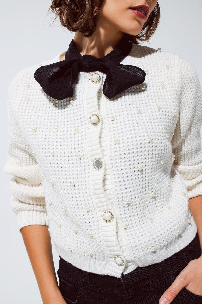 Q2 Women's Sweater White Waffle Knit Cardigan With Embellished Pearls And Jewelled Buttons In White