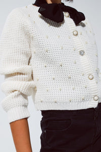 Q2 Women's Sweater White Waffle Knit Cardigan With Embellished Pearls And Jewelled Buttons In White