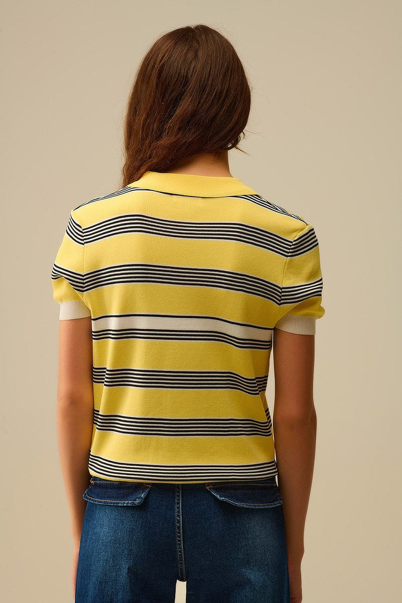 Q2 Women's Sweater Yellow Striped Button-Up Polo