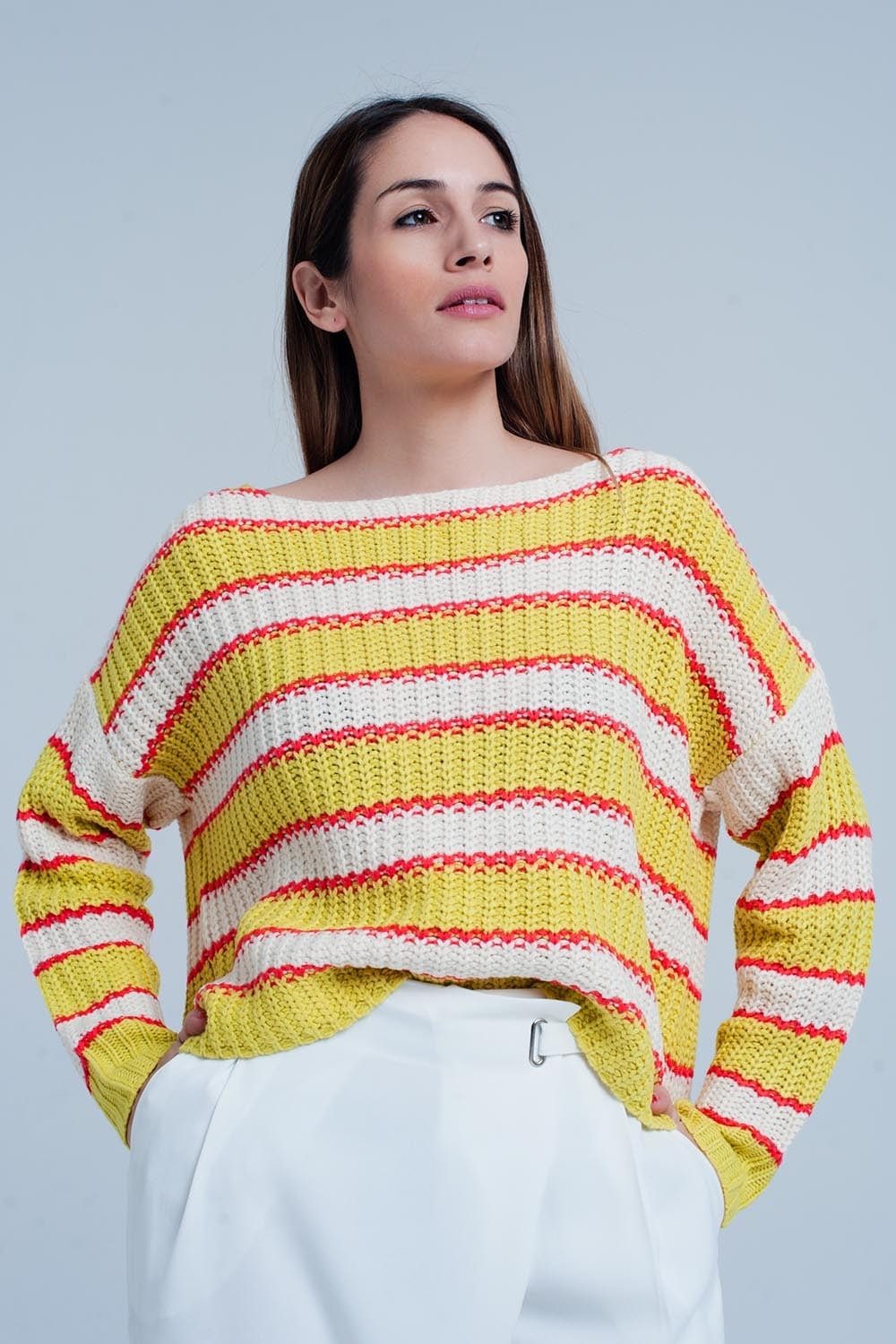Q2 Women's Sweater Yellow Striped Rib Stitch Knitted Sweater
