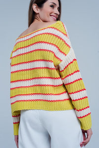 Q2 Women's Sweater Yellow Striped Rib Stitch Knitted Sweater