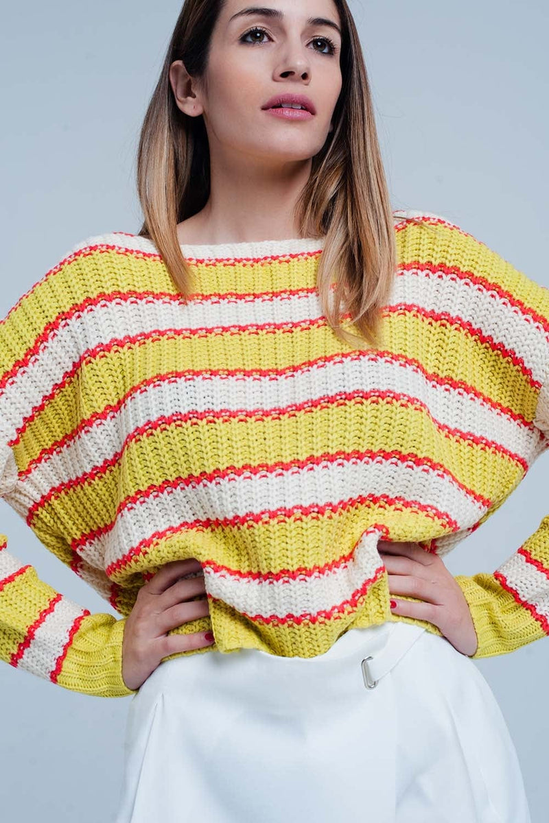 Q2 Women's Sweater Yellow Striped Rib Stitch Knitted Sweater