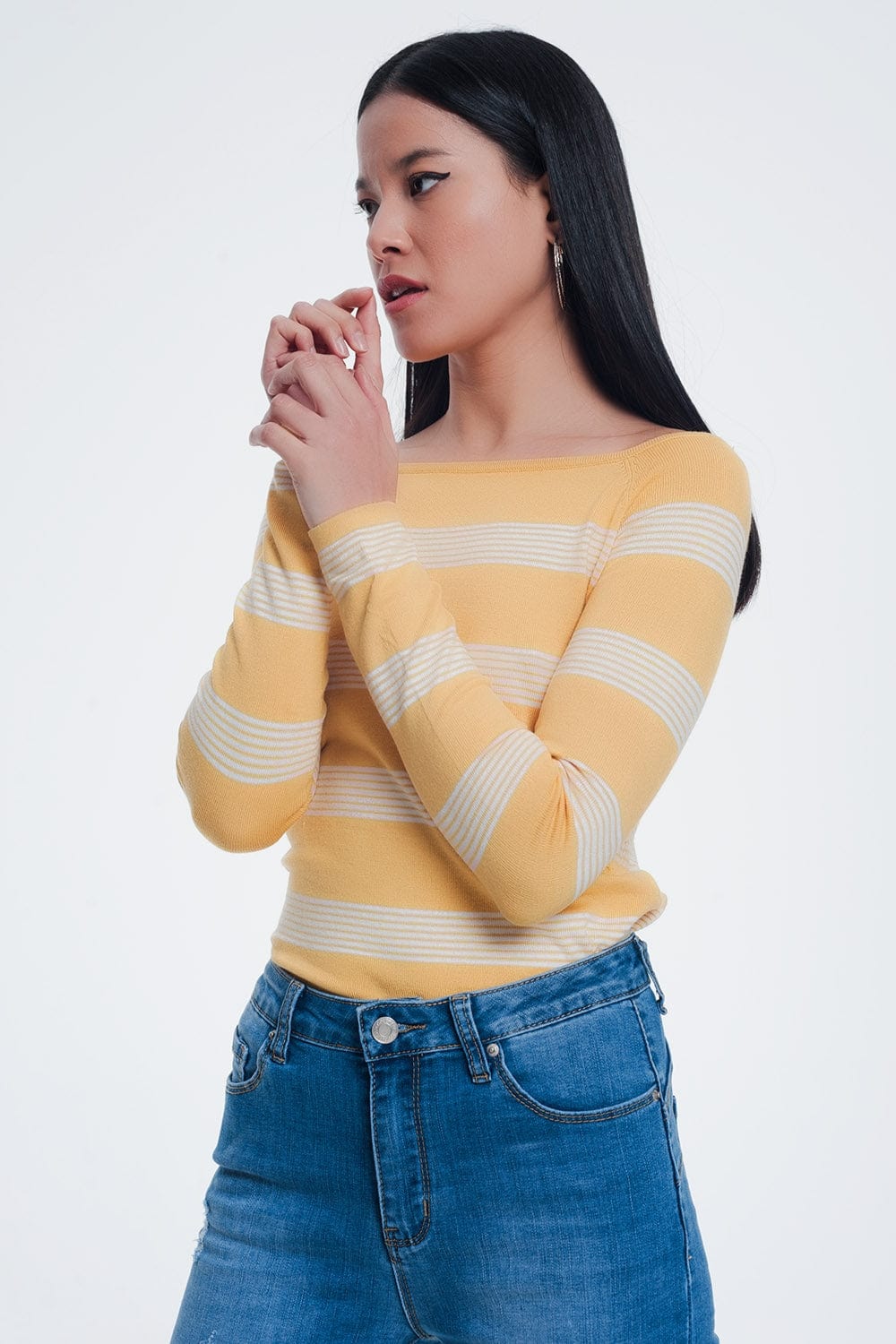 Q2 Women's Sweater Yellow Striped Sweater