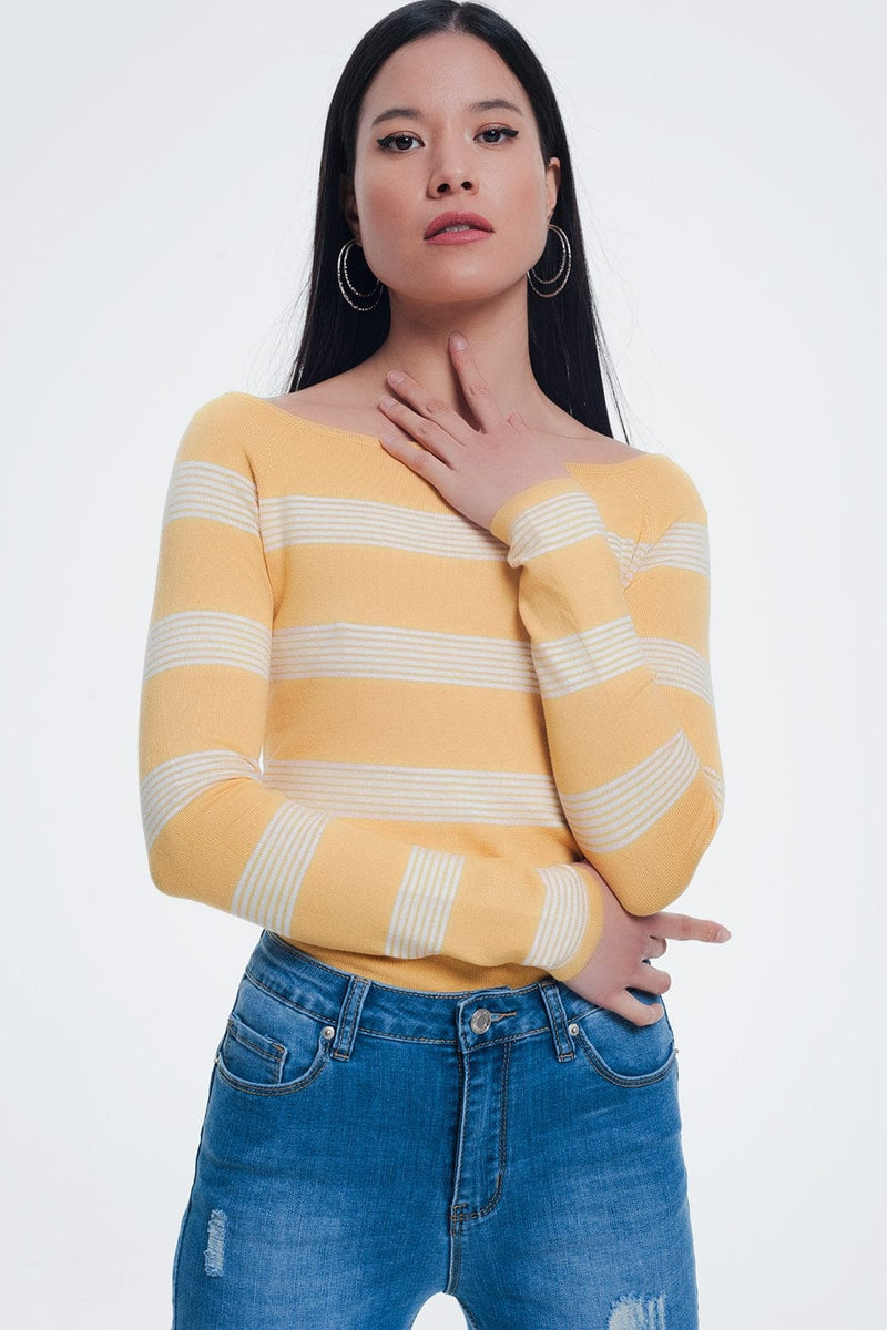 Q2 Women's Sweater Yellow Striped Sweater