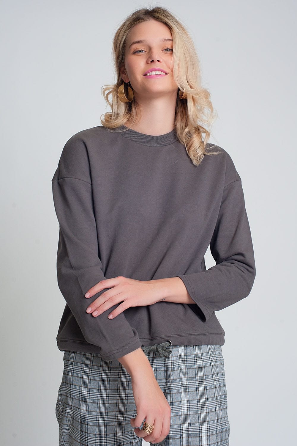 Q2 Women's Sweatshirt Cotton Drawstring Sweatshirt in Gray