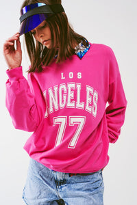 Q2 Women's Sweatshirt One Size / Fuchsia / Italia Sweatshirt with Los Angeles 77 Text in Pink