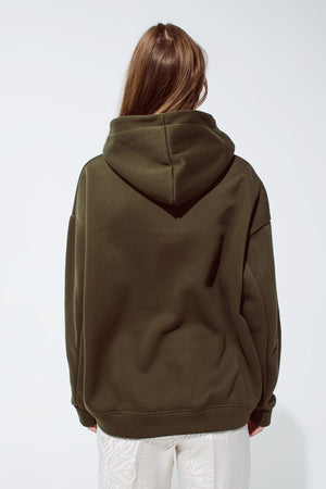 Q2 Women's Sweatshirt One Size / Green Khaki Color Hoodie With Embroidered Cest La Vie Text