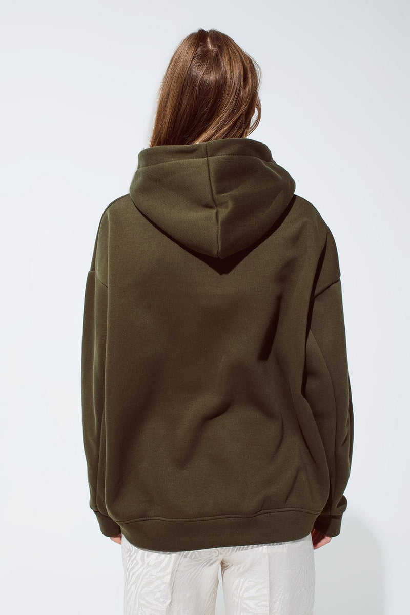 Q2 Women's Sweatshirt One Size / Green Khaki Color Hoodie With Embroidered Cest La Vie Text