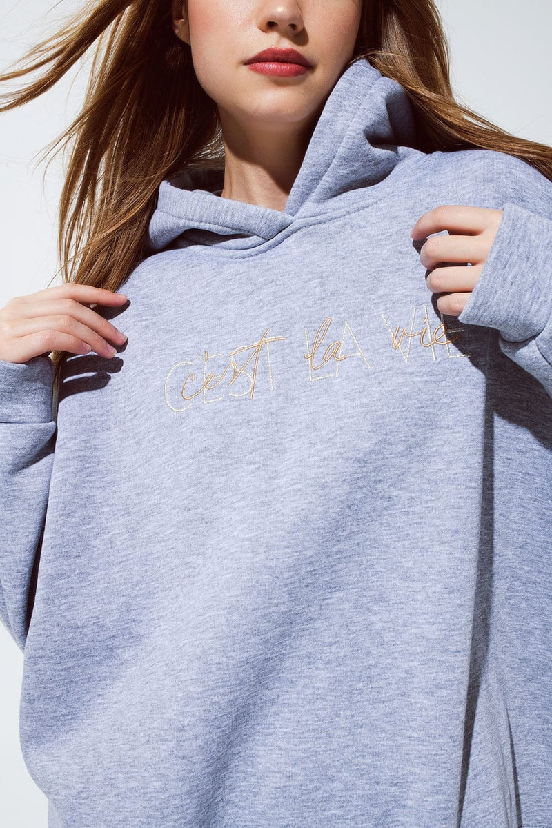 Q2 Women's Sweatshirt One Size / Grey Grey Color Hoodie With Embroidered With Cést La Vie Text