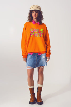 Q2 Women's Sweatshirt One Size / Orange / China GRL PWR Text Sweatshirt in Orange