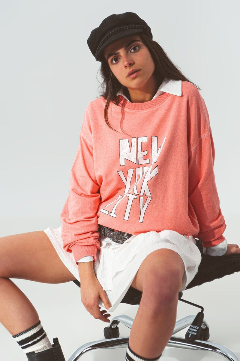 Q2 Women's Sweatshirt One Size / Orange / China Sweatshirt with New York City Text in Coral