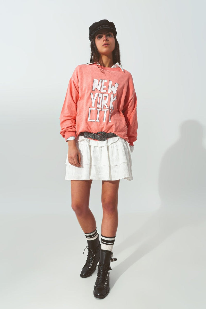 Q2 Women's Sweatshirt One Size / Orange / China Sweatshirt with New York City Text in Coral