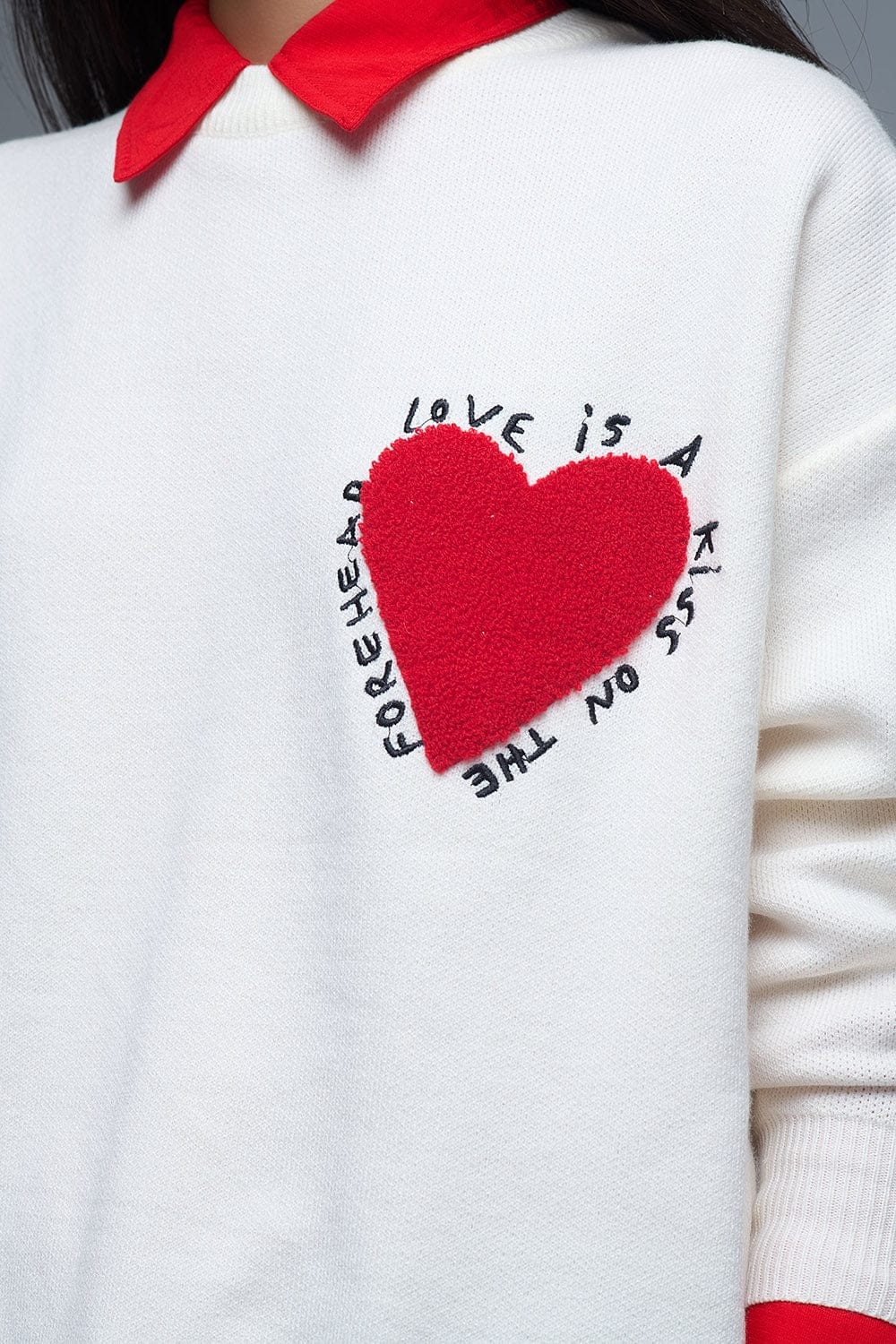 Q2 Women's Sweatshirt One Size / White Embroidered Heart Knitted Sweatshirt With Text In Cream