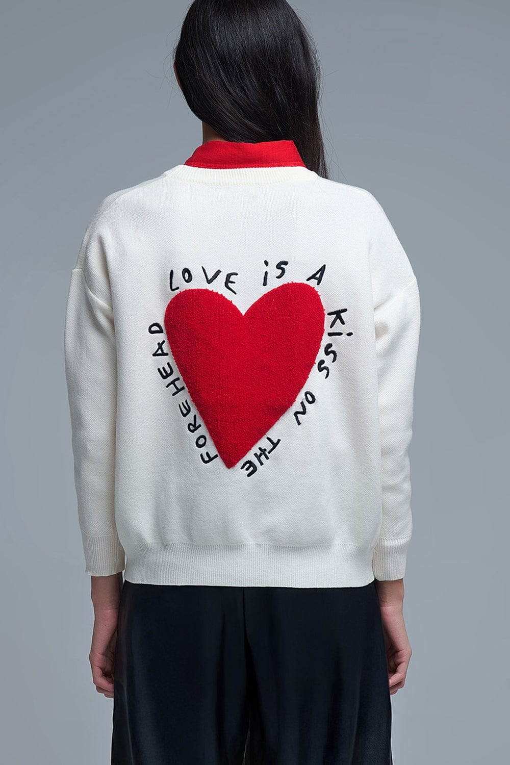 Q2 Women's Sweatshirt One Size / White Embroidered Heart Knitted Sweatshirt With Text In Cream