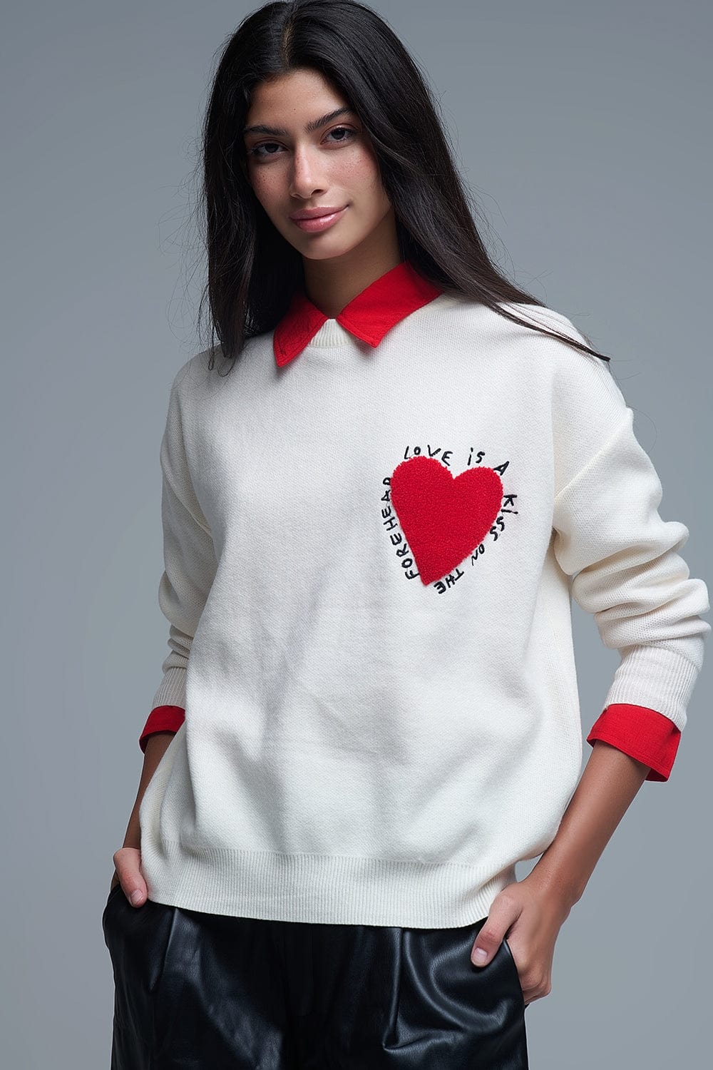 Q2 Women's Sweatshirt One Size / White Embroidered Heart Knitted Sweatshirt With Text In Cream