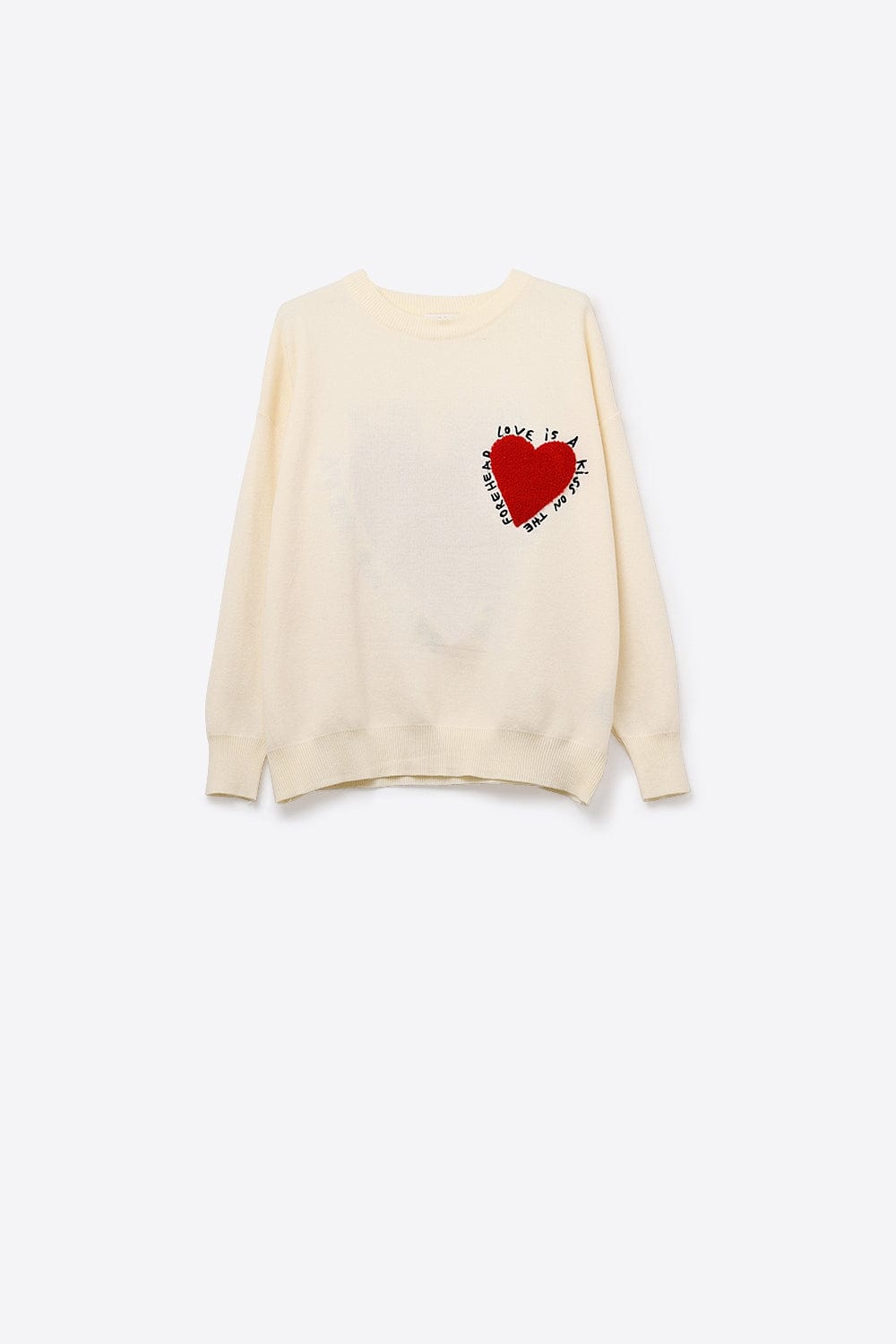 Q2 Women's Sweatshirt One Size / White Embroidered Heart Knitted Sweatshirt With Text In Cream
