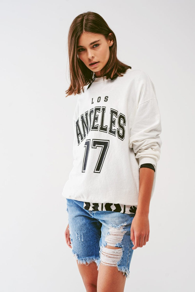 Q2 Women's Sweatshirt One Size / White / Italia Oversized Sweat with Los Angeles Text in White