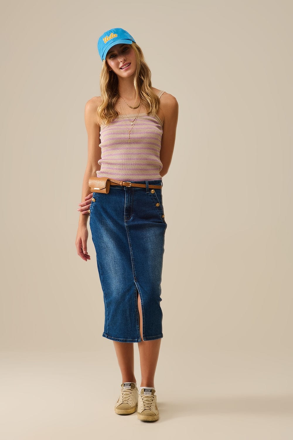 Q2 Women's Tees & Tanks Beige Top With Lilac Stripes And Straps
