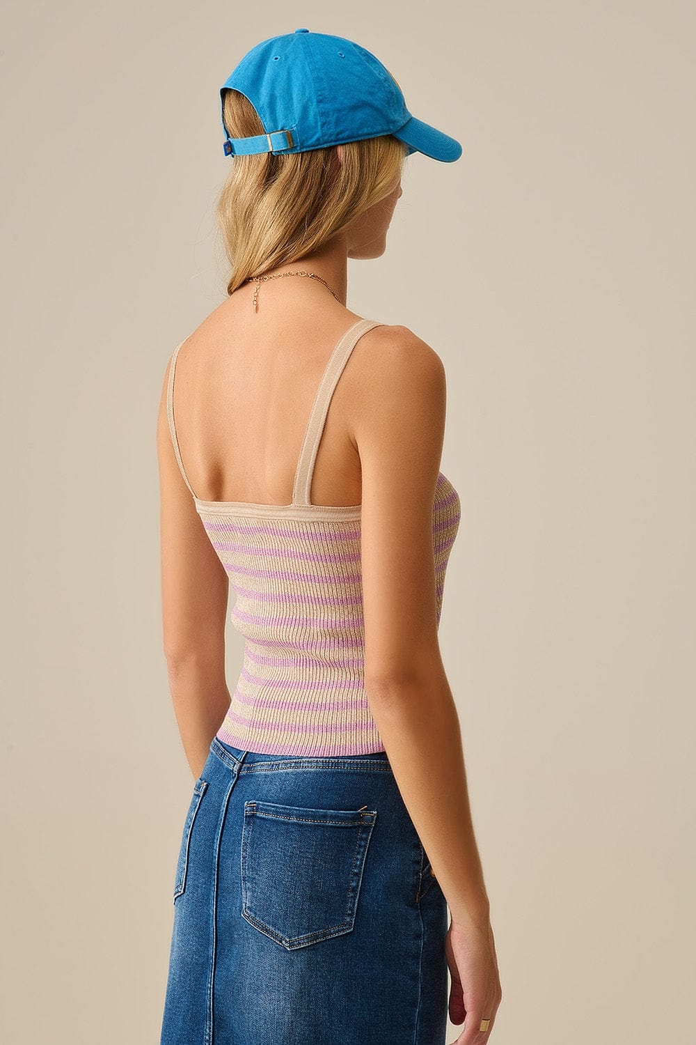 Q2 Women's Tees & Tanks Beige Top With Lilac Stripes And Straps