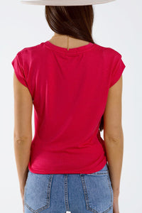 Q2 Women's Tees & Tanks Crew Neck T-Shirt With Draped Design And Cap Sleeve In Fuschia