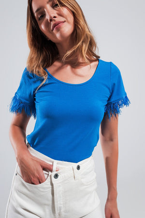 Q2 Women's Tees & Tanks Embellished Top with Faux Feather Cuffs in Blue