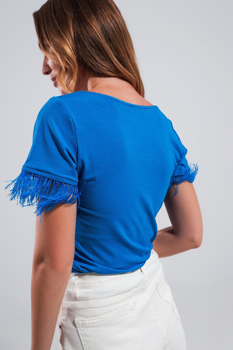 Q2 Women's Tees & Tanks Embellished Top with Faux Feather Cuffs in Blue