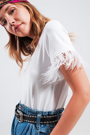 Q2 Women's Tees & Tanks Embellished Top with Faux Feather Cuffs in White