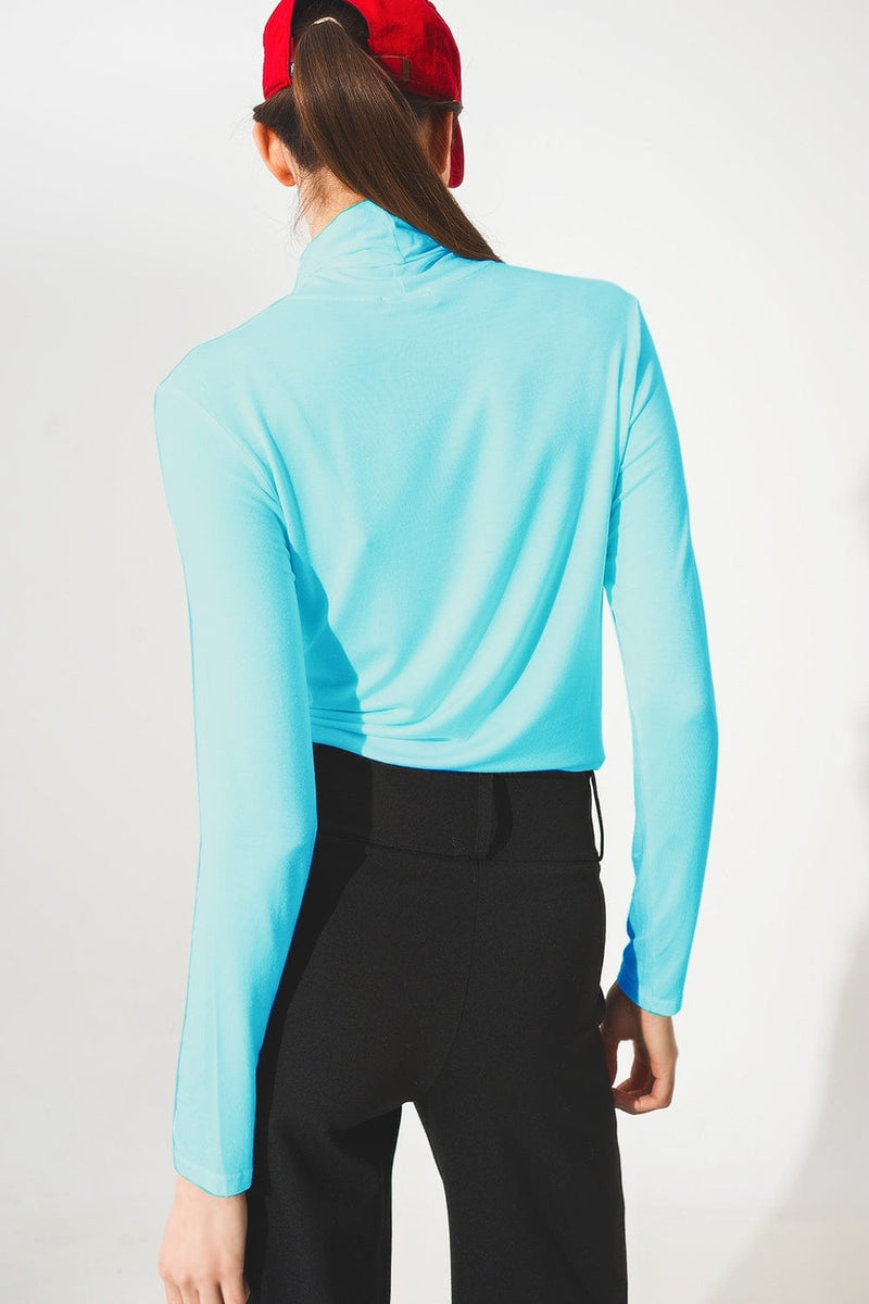 Q2 Women's Tees & Tanks High Neck Long Sleeve Top in Modal Blue