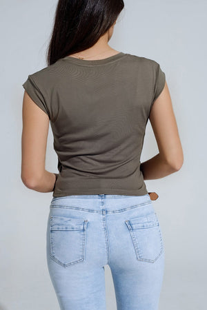 Q2 Women's Tees & Tanks Khaki Short-Sleeved Top Crossed At The Bottom Front