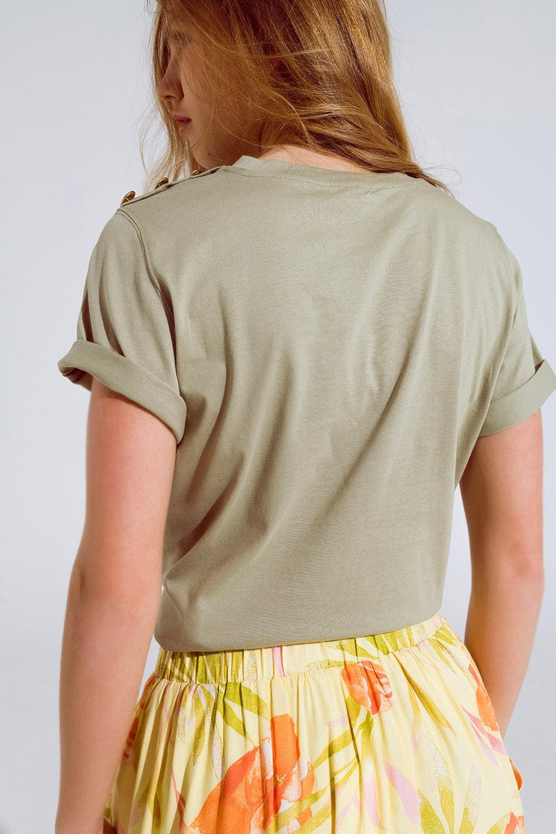 Q2 Women's Tees & Tanks Khaki T-Shirt With Golden Button Detail On Shoulder
