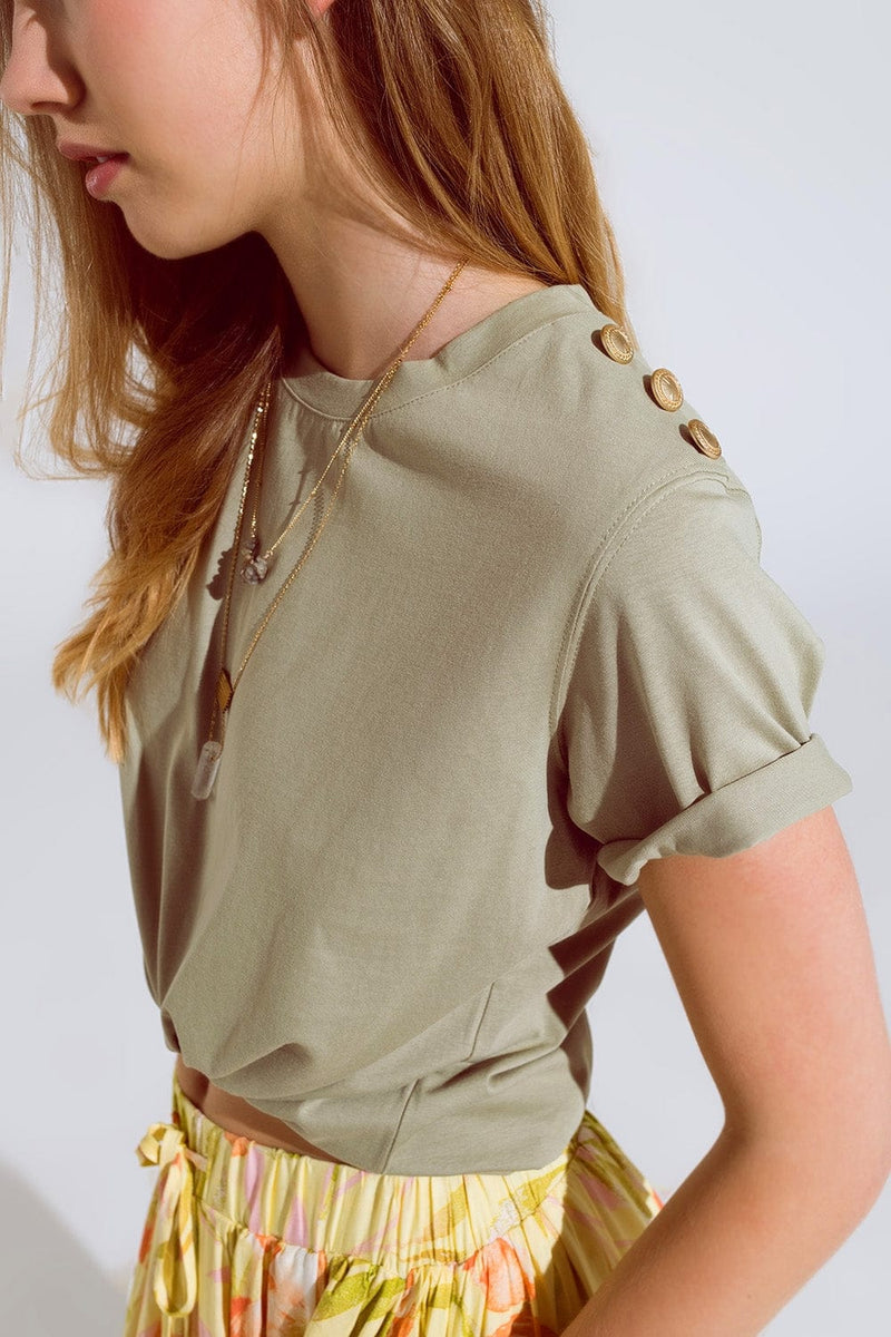 Q2 Women's Tees & Tanks Khaki T-Shirt With Golden Button Detail On Shoulder