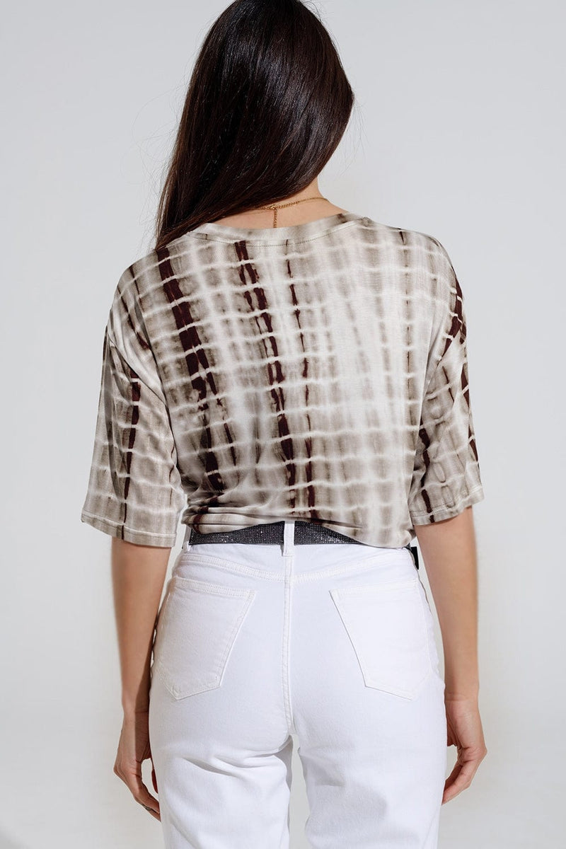 Q2 Women's Tees & Tanks Khaki Tie Dye Printed T-Shirt With Knot On The Front