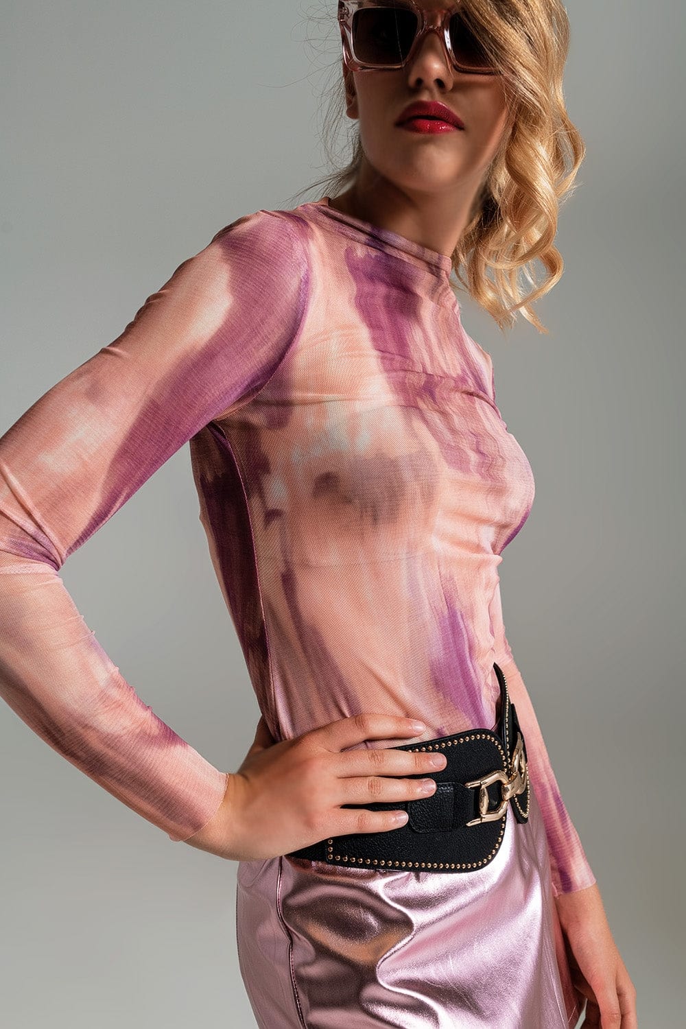 Q2 Women's Tees & Tanks Mesh Top Rouched At The Side In Abstract Pink Print