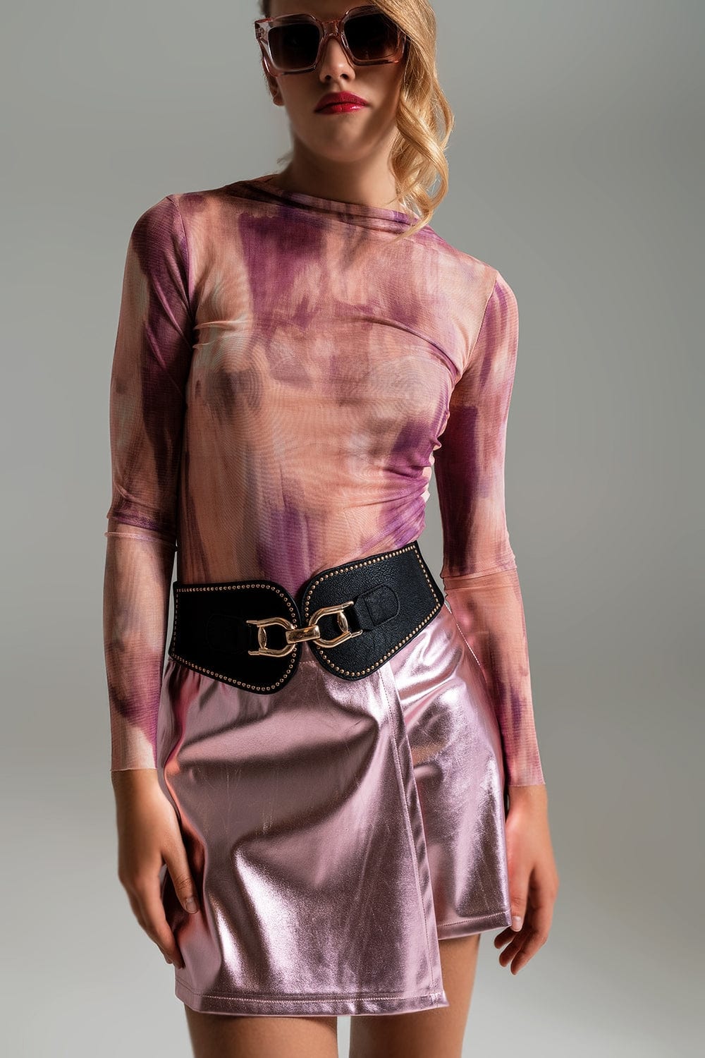 Q2 Women's Tees & Tanks Mesh Top Rouched At The Side In Abstract Pink Print