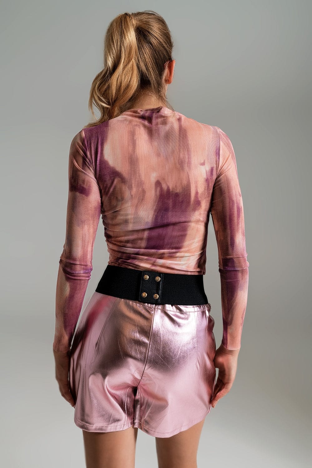 Q2 Women's Tees & Tanks Mesh Top Rouched At The Side In Abstract Pink Print
