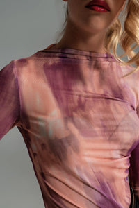 Q2 Women's Tees & Tanks Mesh Top Rouched At The Side In Abstract Pink Print