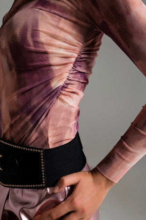 Q2 Women's Tees & Tanks Mesh Top Rouched At The Side In Abstract Pink Print