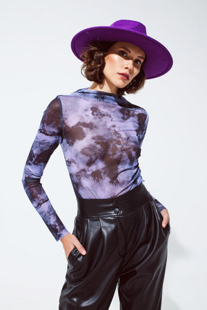 Q2 Women's Tees & Tanks Mesh Top Rouched At The Side In Abstract Purple Print