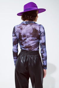 Q2 Women's Tees & Tanks Mesh Top Rouched At The Side In Abstract Purple Print