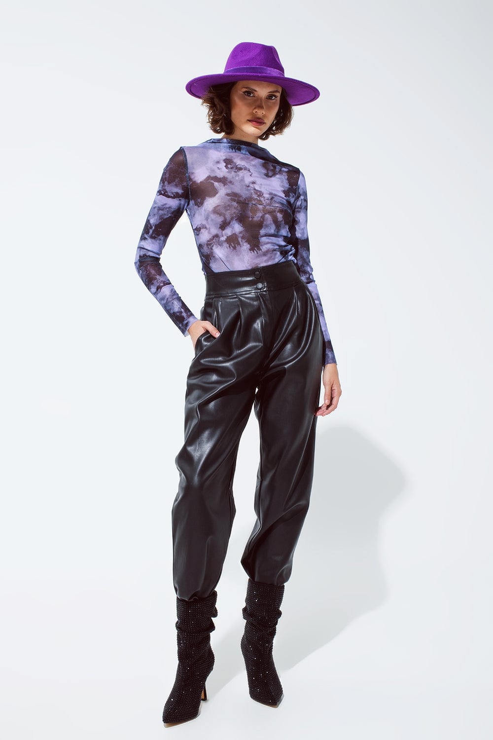 Q2 Women's Tees & Tanks Mesh Top Rouched At The Side In Abstract Purple Print