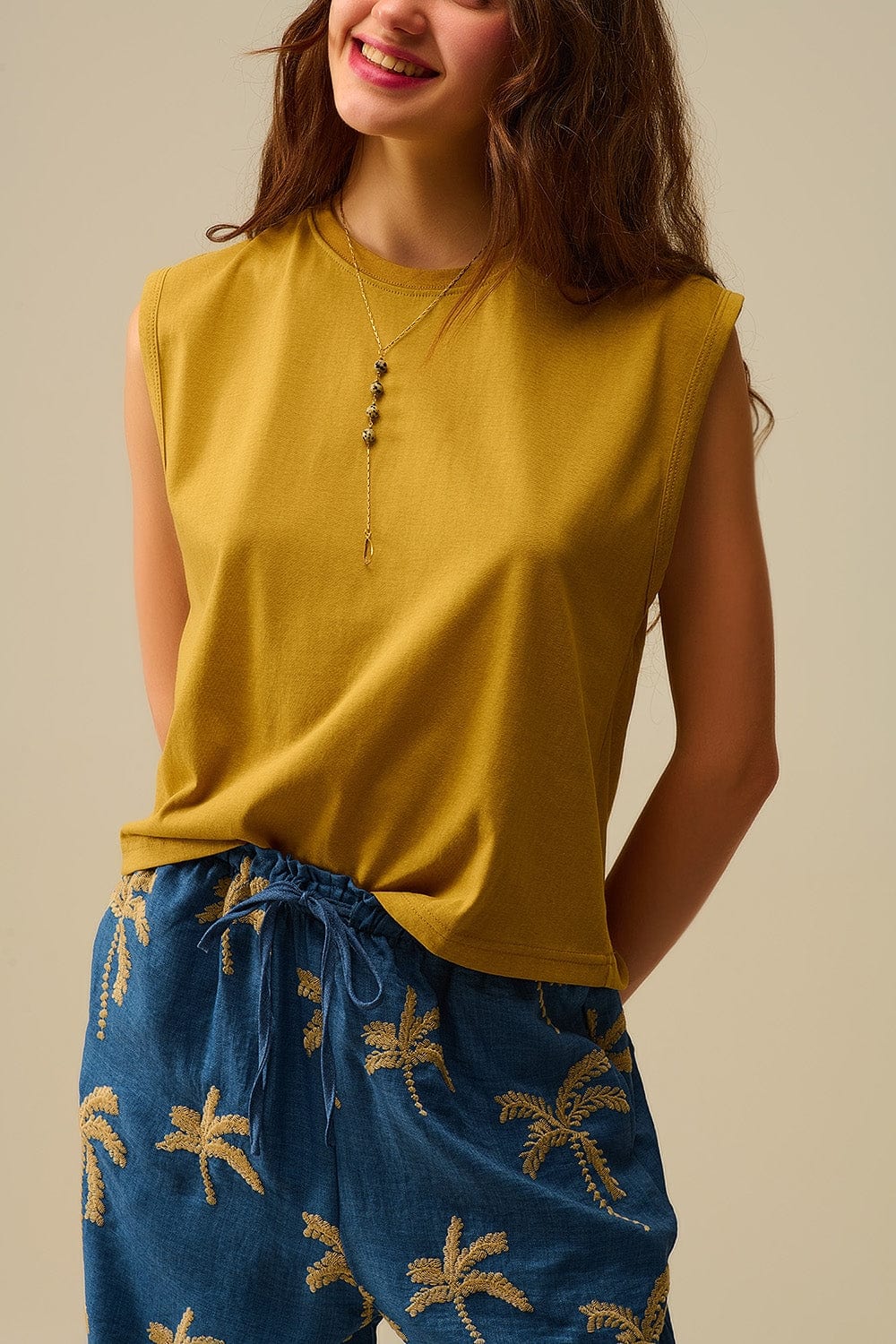 Q2 Women's Tees & Tanks Mustard Sleeveless Cotton T-Shirt