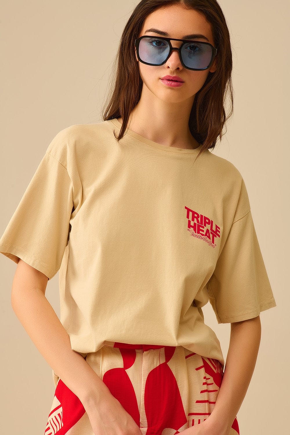 Q2 Women's Tees & Tanks One Size / Beige Beige Relaxed Fit Short Sleeve Triple Heat T-Shirt