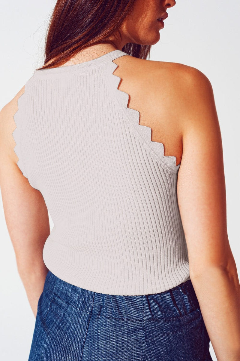 Q2 Women's Tees & Tanks One Size / Beige Ribbed Halter Top With Scalloped Finish In Beige