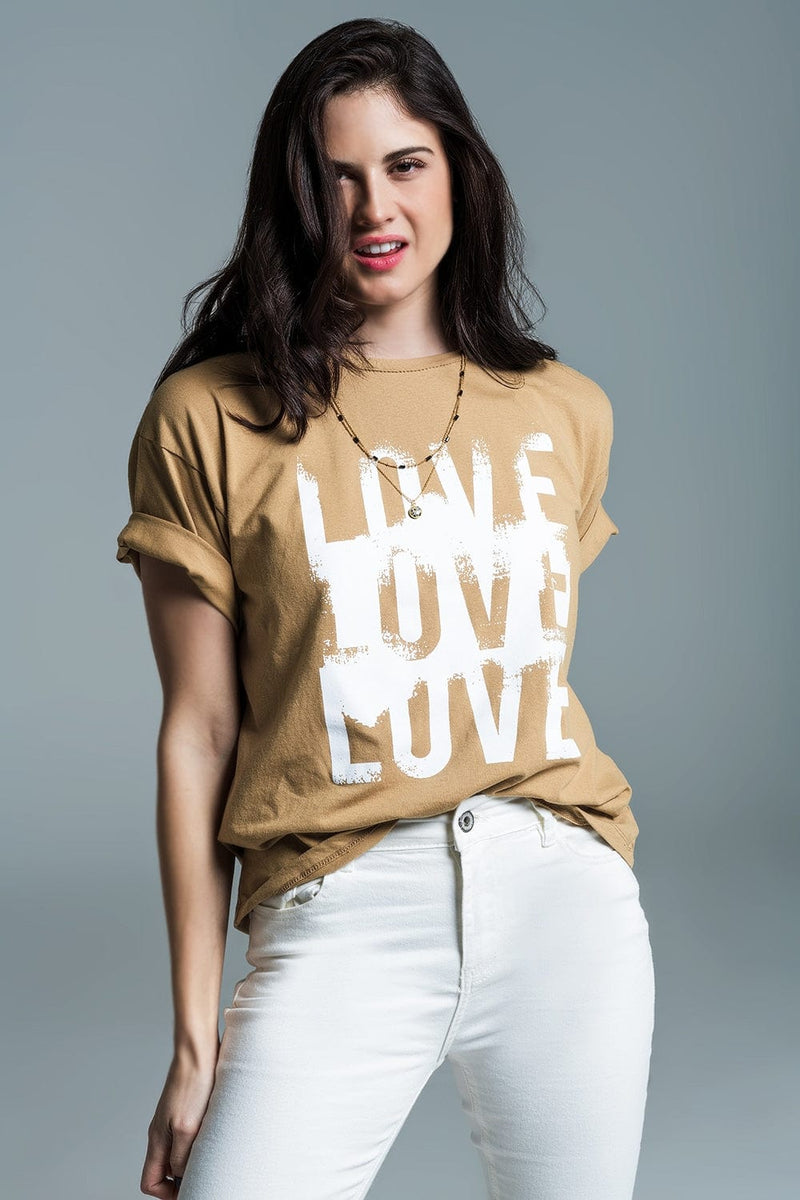 Q2 Women's Tees & Tanks One Size / Beige Short Sleeve T-Shirt With Love Text On Front In Beige