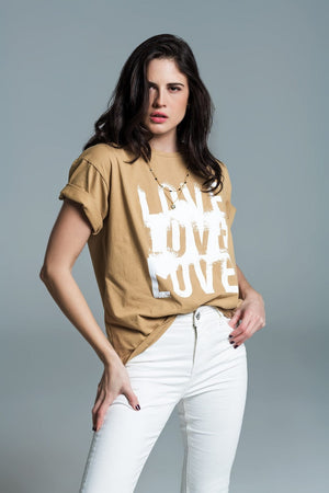 Q2 Women's Tees & Tanks One Size / Beige Short Sleeve T-Shirt With Love Text On Front In Beige