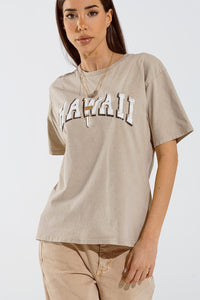 Q2 Women's Tees & Tanks One Size / Beige Washed Effect Hawaii T-Shirt In Beige