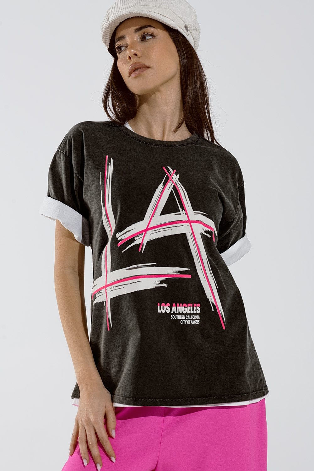 Q2 Women's Tees & Tanks One Size / Black Black Relaxed T-Shirt Printed La Los Angeles Logo