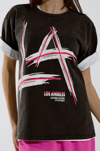 Q2 Women's Tees & Tanks One Size / Black Black Relaxed T-Shirt Printed La Los Angeles Logo