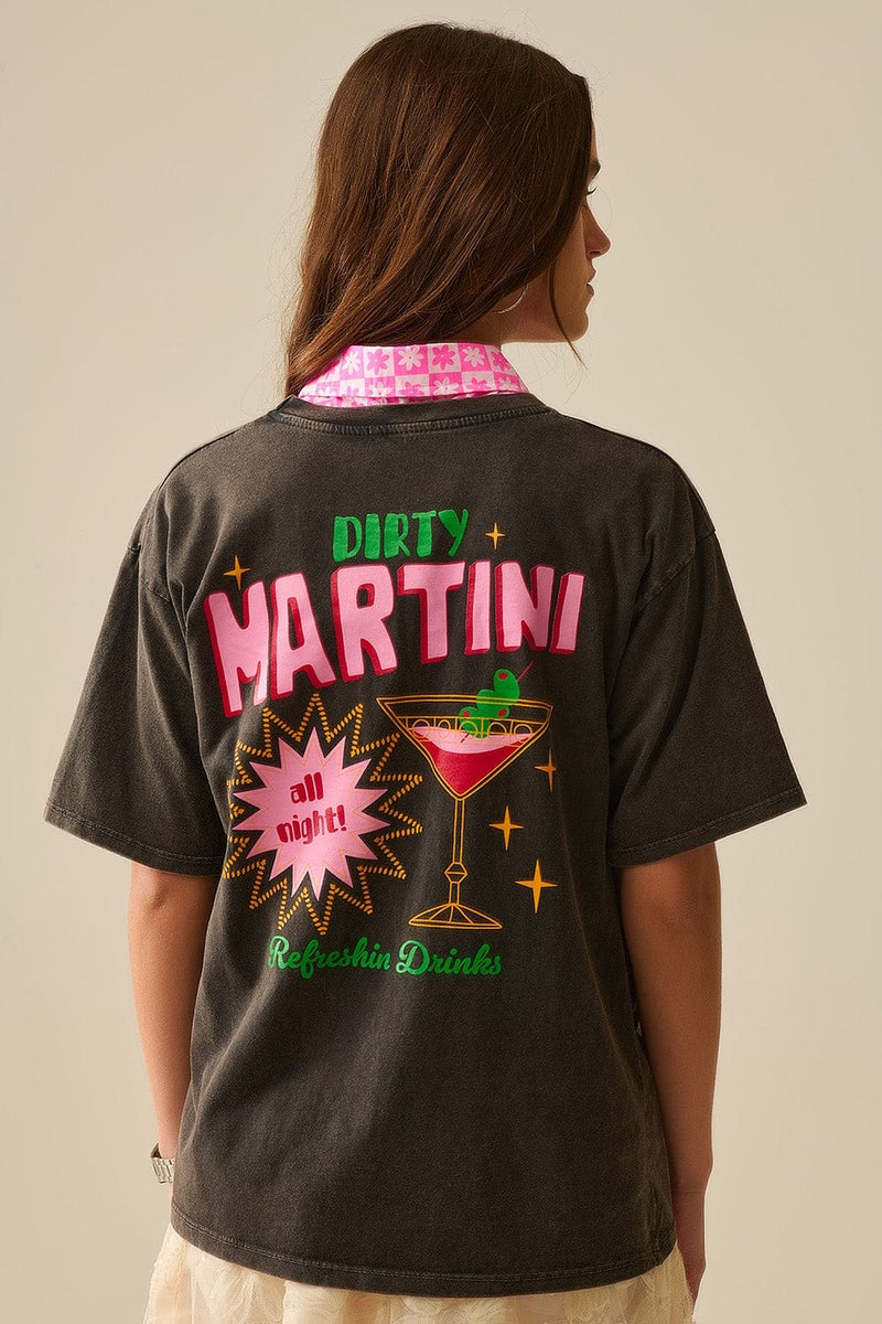 Q2 Women's Tees & Tanks One Size / Black Black Stone Wash T-Shirt Made In Italy With A Martini Graphic Logo